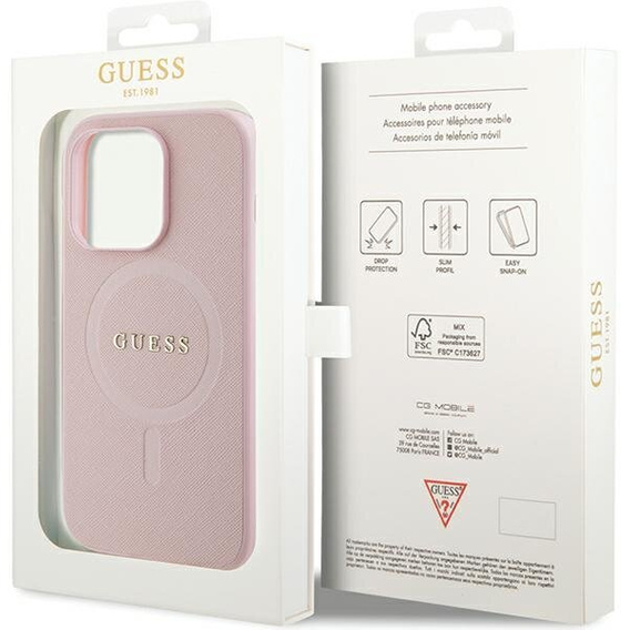 GUESS Case for iPhone 14 Pro, Saffiano MagSafe, pink