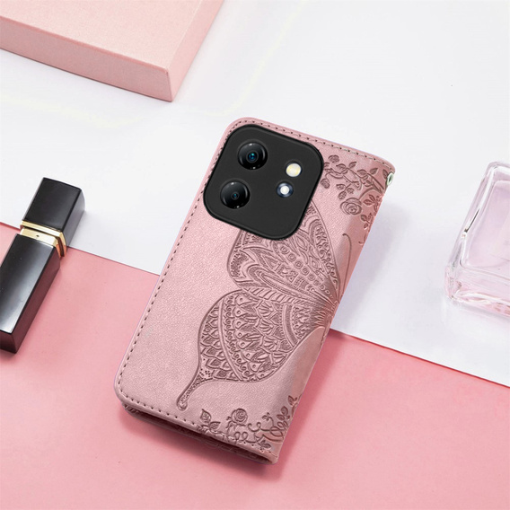 Flip case for Infinix Hot 50i 4G, Butterfly, pink rose gold