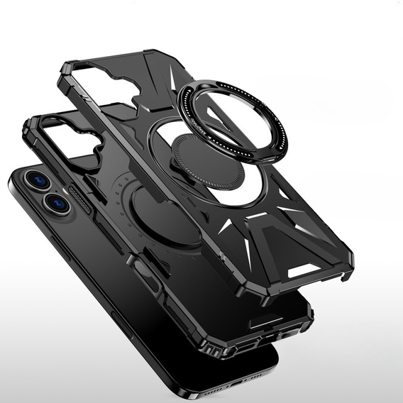 Case for iPhone 16, armored with stand and handle plate, black