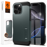Spigen case for iPhone 16 Pro, Tough Armor Mag MagSafe, green + 9H Tempered Glass