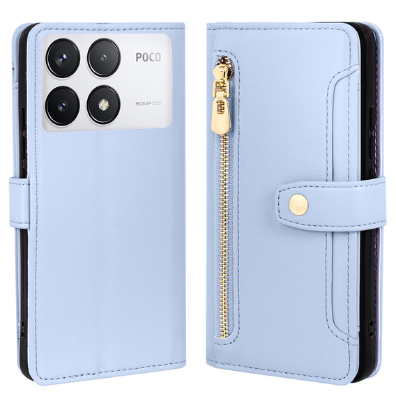 Flip case for Xiaomi Poco F6 Pro, Wallet Zipper Pocket, blue