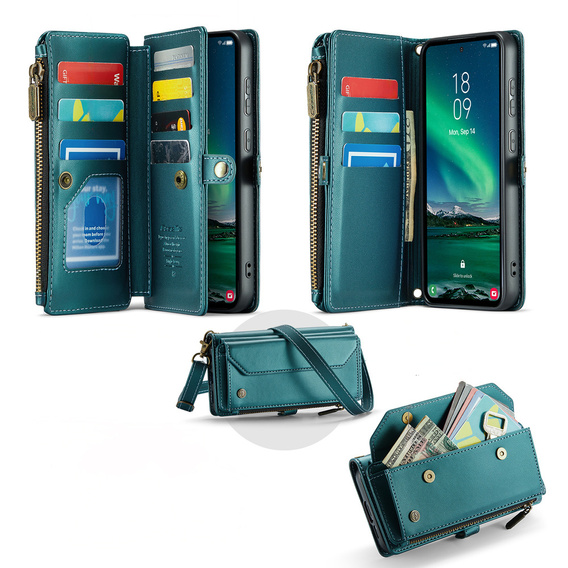 Case CASEME for Samsung Galaxy S25 FE, RFID Leather Wallet, with shoulder strap, green