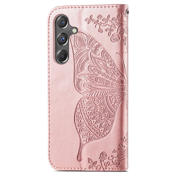 Flip case for Samsung Galaxy A15, Butterfly Flower, pink rose gold + 9H glass