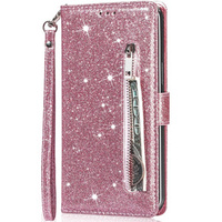 Flip case for Samsung Galaxy A55, Wallet Zipper Pocket Glittery, pink rose gold