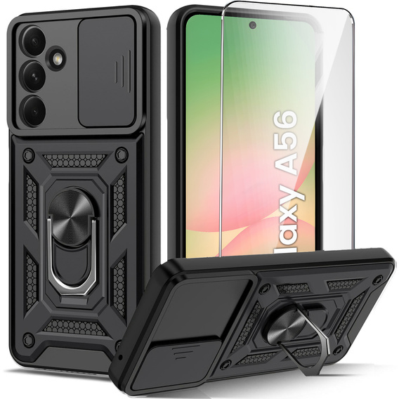 Armored Case for Samsung Galaxy A56, CamShield Slide, black + Tempered Glass 9H