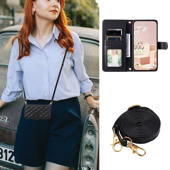 Flip case for iPhone 16 Plus, Rhombus Crossbody Leather, black