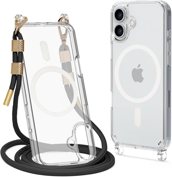 Case with lanyard for iPhone 16, ERBORD MagSafe, transparent + Glass for screen
