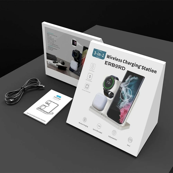 3-in-1 QI Fast Wireless Charger for Samsung S25 S24 S23 Galaxy Watch Buds Station, White