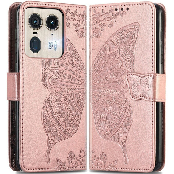 Flip case for Motorola Edge 50 Ultra, Butterfly, pink rose gold