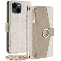 Flip case for iPhone 15, Wallet Zipper Pocket, with mirror, white