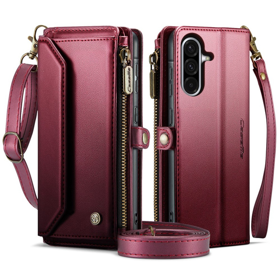 Case CASEME for Samsung Galaxy A56 5G, RFID Leather Wallet, with shoulder strap, red