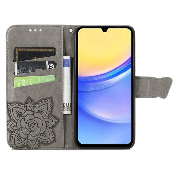 Flip case for Samsung Galaxy A15, Butterfly, grey + 9H glass  