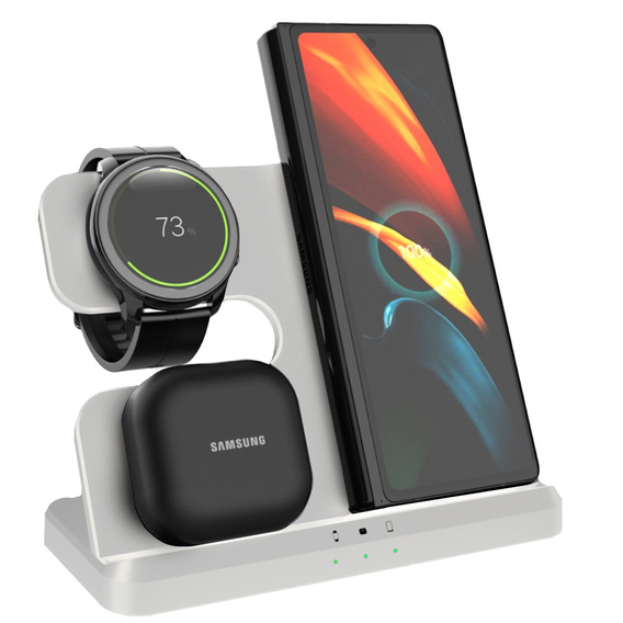 3-in-1 QI Fast Wireless Charger for Samsung S25 S24 S23 Galaxy Watch Buds Station, White
