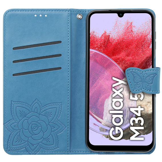 Flip case for Samsung Galaxy M34 5G, Butterfly, blue