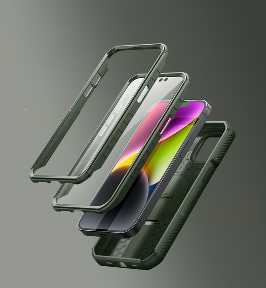 Armored case for iPhone 13 / iPhone 14, Dexnor CamProtect MagSafe, green (Two frames)