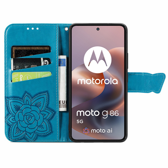 Flip case for Motorola Moto G86 5G, Butterfly, blue