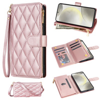 Flip case for Samsung Galaxy S25 Edge, Rhombus Crossbody Leather, pink rose gold