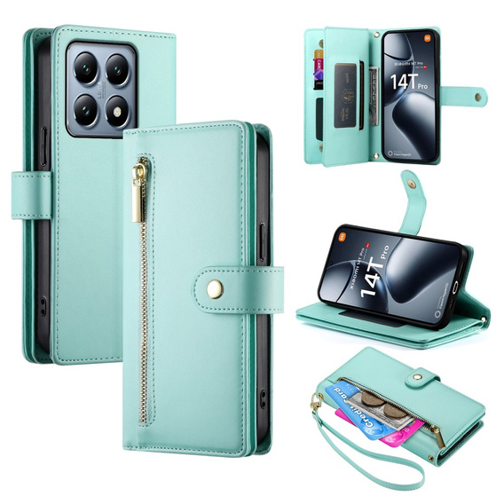 Flip case for Xiaomi 14T Pro, Wallet Zipper Pocket, green