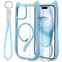 Case for iPhone 15, for MagSafe, Cute Cat, blue + Screen Glass
