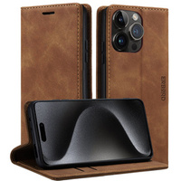 Case for iPhone 15 Pro, ERBORD Vintage, wallet with flap, brown