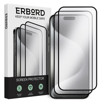 2x Tempered Glass for iPhone 15 Pro, ERBORD 3D full display