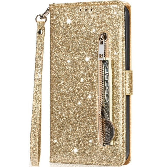 Flip case for Samsung Galaxy A55, Wallet Zipper Pocket Glittery, gold