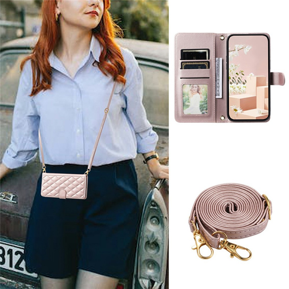 Flip case for Samsung Galaxy S25 FE, Rhombus Crossbody Leather, pink rose gold