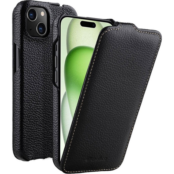 MELKCO flip case for iPhone 15, leather, flip, black