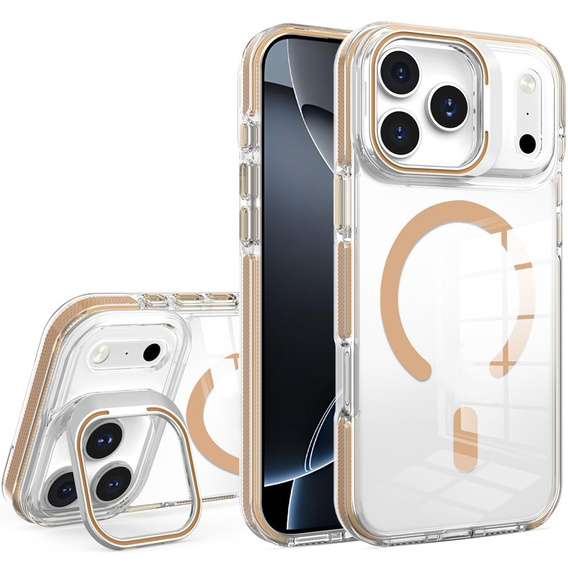Case for iPhone 17 Pro Max, for MagSafe, with stand, transparent with gold inserts