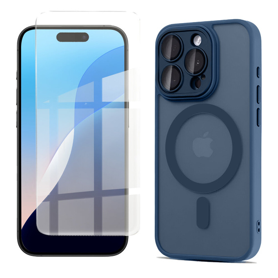 Case for iPhone 16 Pro, for MagSafe, ERBORD Matt Case, dark blue + Screen Glass