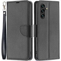 Flip case for Samsung Galaxy A15, Wallet Litchi Leather, black + 9H glass