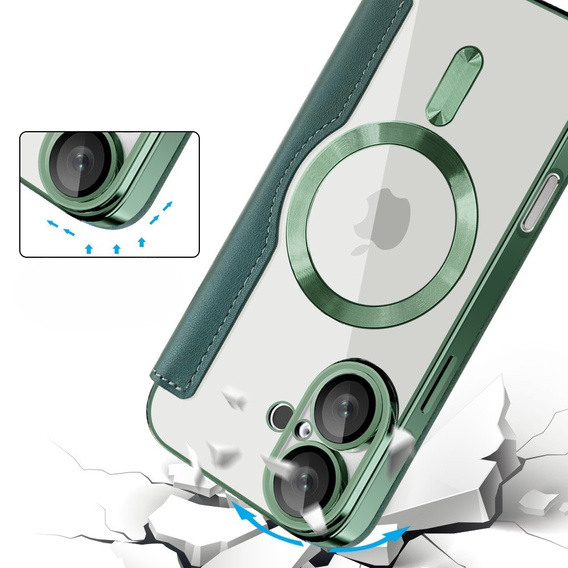 Flip case for iPhone 16, RFID Wallet MagSafe CamShield, green