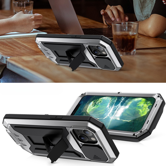 Case for iPhone 13, R-JUST CamShield Slide, armoured, silver / black