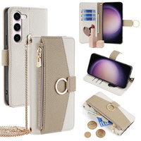 Flip case for Samsung Galaxy S24, Wallet Zipper Pocket, with mirror, white