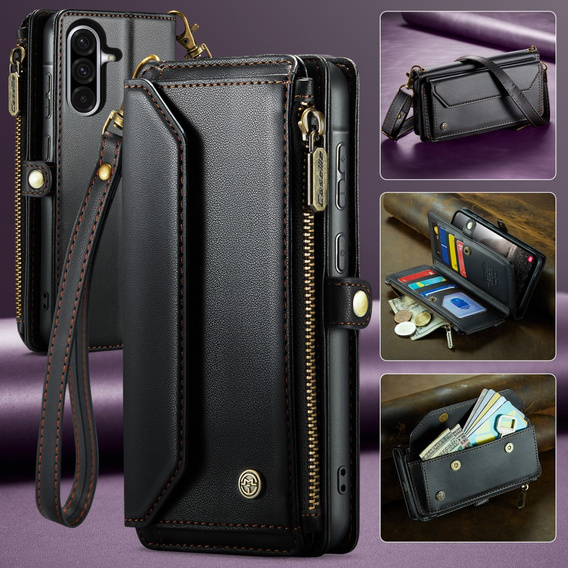 Case CASEME for Samsung Galaxy A56 5G, RFID Leather Wallet, with shoulder strap, black