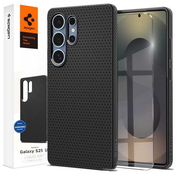 Spigen case for Samsung Galaxy S25 Ultra, Liquid Air, black + 9H Tempered Glass