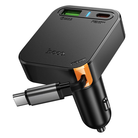 Hoco car charger with triple output and retractable 65 W USB-C cable