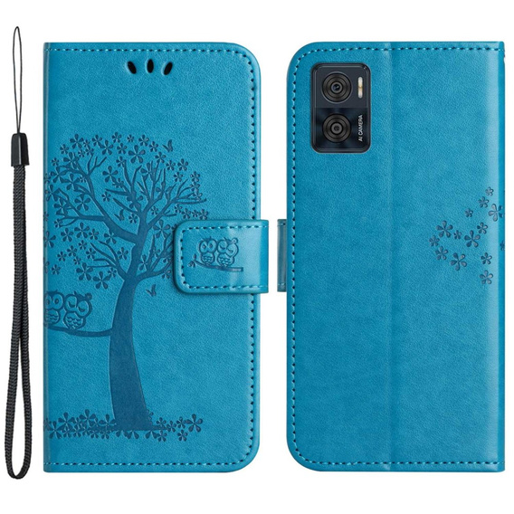 Flip case for Motorola Moto E22 / E22i, Wallet, tree i sowy, blue