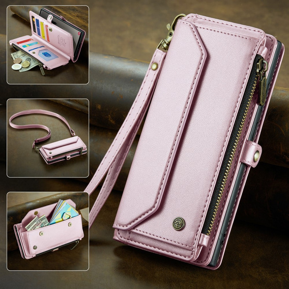 Case CASEME for Samsung Galaxy S25 Ultra, RFID Leather Wallet, with shoulder strap, pink
