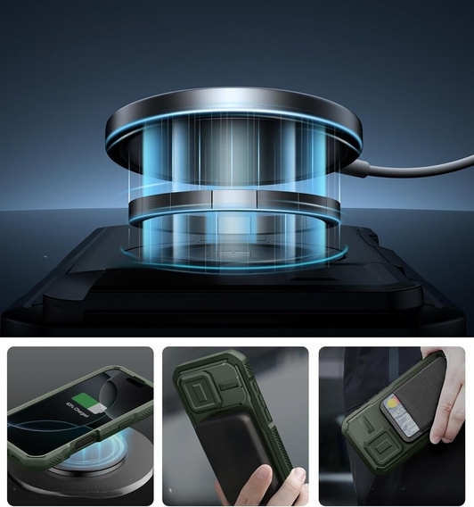 Armored case for iPhone 16 Pro, Dexnor CamProtect MagSafe, green (Two frames)