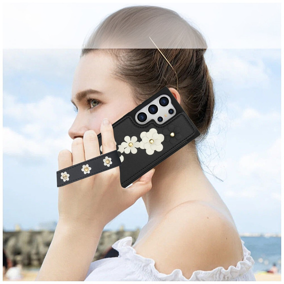 Case for Samsung Galaxy S25 Ultra, Leather Flower Card Slot, black