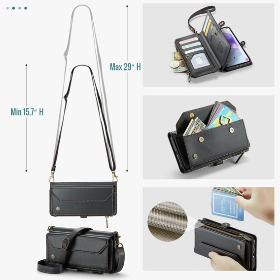 Case CASEME for Samsung Galaxy A55 5G, RFID Leather Wallet, with shoulder strap, black