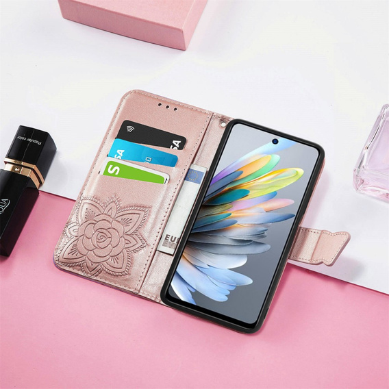 Flip case for Motorola Moto G15 / Motorola Moto G15 Power, Butterfly, pink rose gold