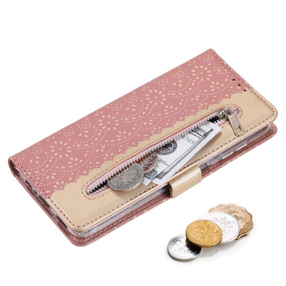 Flip case for Samsung Galaxy A35 5G, Wallet Pocket Zipper Lace, pink