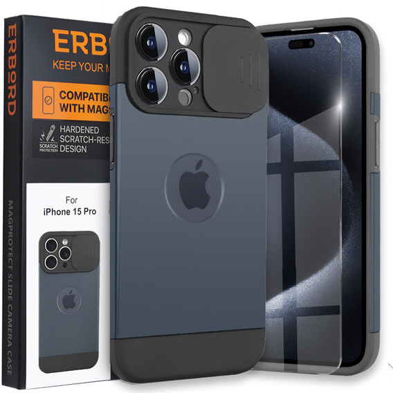 Case for iPhone 15 Pro Max, ERBORD MagProtect Slide Camera, titanium blue