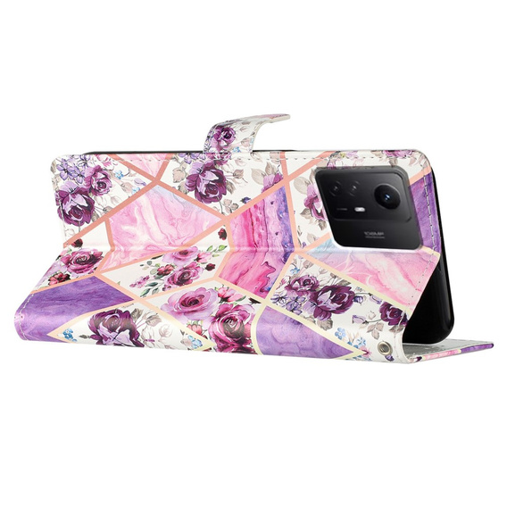 Flip case for Xiaomi Redmi Note 12S, Wallet, marble & flowers, pink