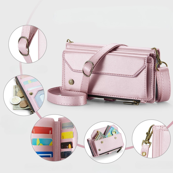 Case CASEME for Samsung Galaxy S24 FE, RFID Leather Wallet, with shoulder strap, pink