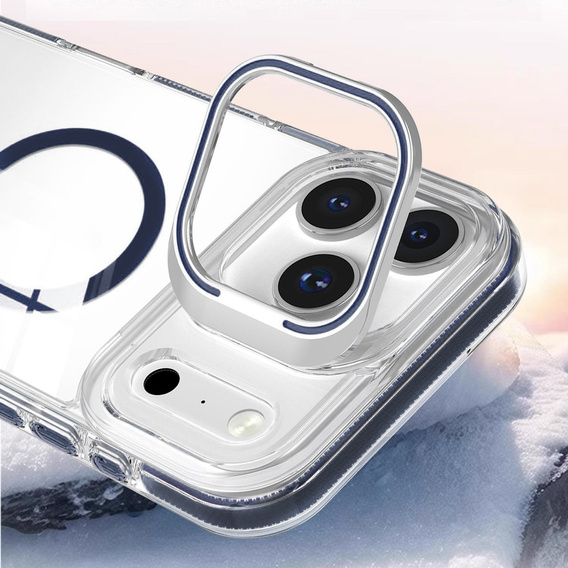 Case for iPhone 17 Pro Max, for MagSafe, with stand, transparent with navy blue inserts