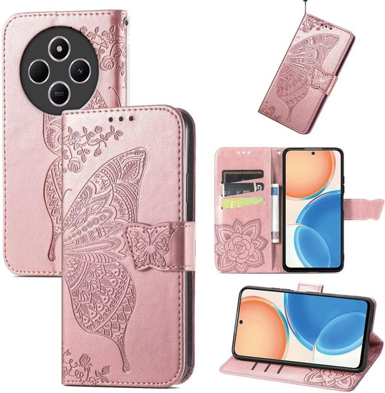 Flip case for Xiaomi Redmi 14C / Xiaomi Poco C75, Butterfly, pink rose gold
