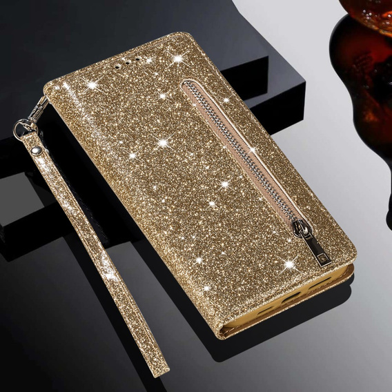 Flip case for Samsung Galaxy A36 5G, Wallet Zipper Pocket Glittery, gold